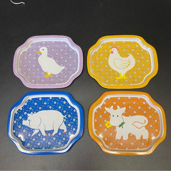 Vintage Tin Tray Set Cottagecore Pig Chicken Duck Cow 70s Kitchen Decor Retro - Picture 2 of 6